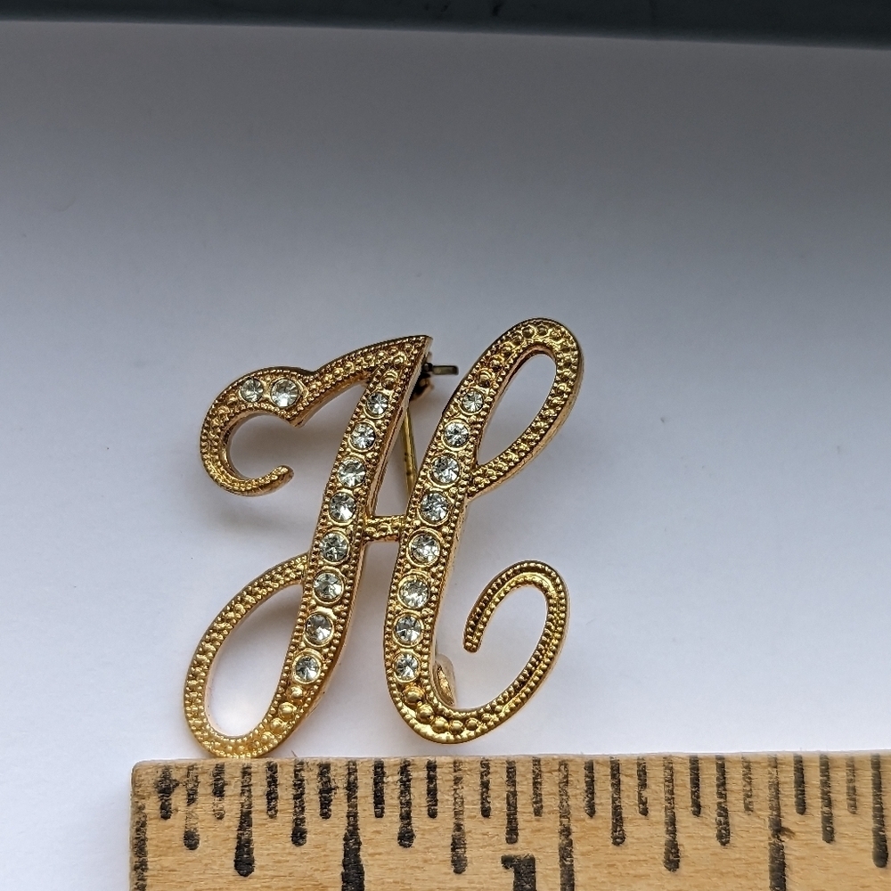 Initial H Gold tone with Rhinestone 1" brooch pin signature letter H - Picture 6 of 6